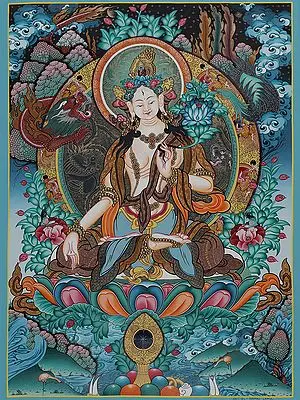 Goddess White Tara - Tibetan Buddhist (Brocadeless Thangka)
