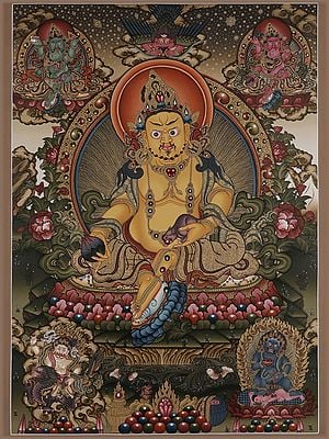 Buddhist God of Wealth - Panch Kubera Thangka Painting (Brocadeless)