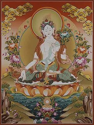 Goddess White Tara - Tibetan Buddhist (Brocadeless Thangka)