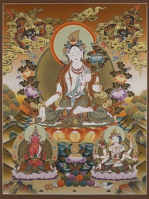 Goddess White Tara - Tibetan Buddhist (Brocadeless Thangka)