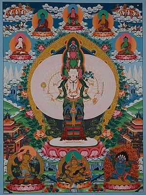 Amoghapasha Lokeshvara - Tibetan Buddhist Deity (Brocadeless Thangka)