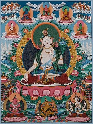 White Tara - Tibetan Buddhist Deity  (Brocadeless Thangka)