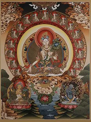 Goddess White Tara - Tibetan Buddhist (Brocadeless Thangka)