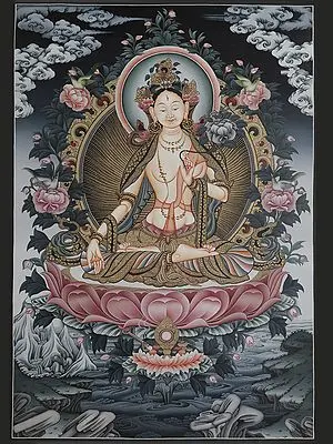 Goddess White Tara - Tibetan Buddhist Deity (Brocadeless Thangka)