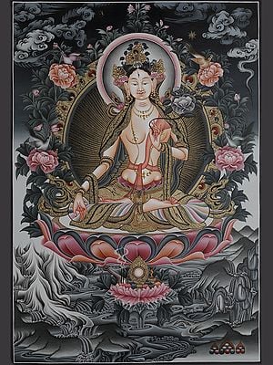 Goddess White Tara Brocadeless Thangka Painting | Pure 24K Gold | Acrylic Paint