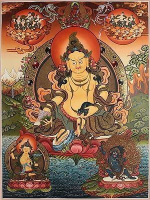 Thangka Painting of Lord Kubera - Buddhist God of Wealth (Brocadeless)