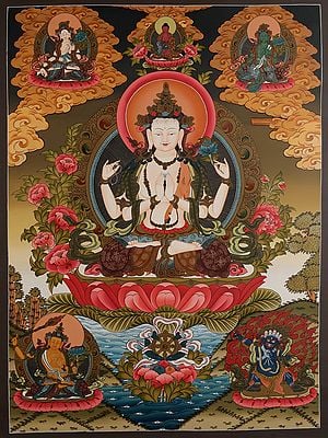 Tibetan Buddhist Deity Chenrezig (Four Armed Avalokiteshvara) (Brocadeless Thangka)