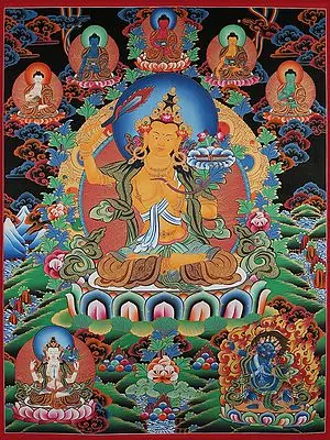 Buddhist Goddess Manjushri Thangka Painting (Brocadeless Thangka)