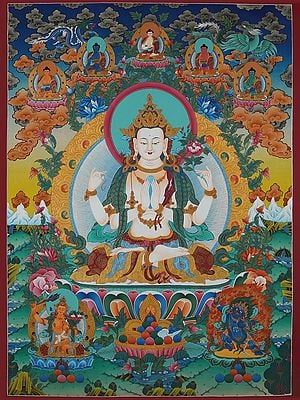 Four Armed Avalokiteshvara Thangka Painting (Brocadeless)