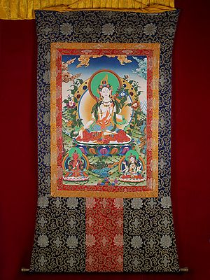 Goddess White Tara - Tibetan Buddhist Deity Thangka (With Brocade)