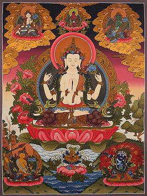 Tibetan Buddhist Deity Chenrezig (Four Armed Avalokiteshvara) |  Brocadeless Thangka