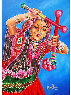 The Joy of Colorful Dandiya Dance | Oil on Canvas Painting by V. Ragunath