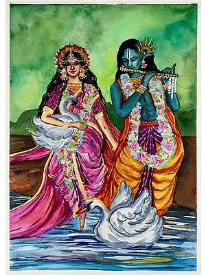 Lord Krishna Playing Flute with Radha | Painting by Rashi Agrawal
