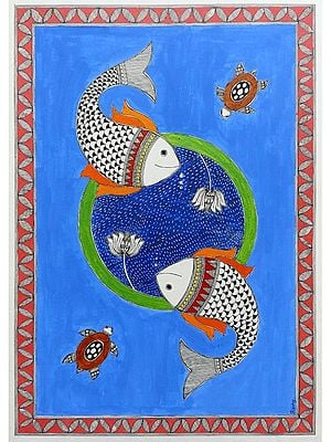 Fishes and Turtle with Lotus | Acrylic on Paper | By Abhilasha Raut