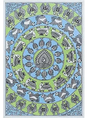 Godna - Bird Fishes and Elephant | Acrylic on Paper | By Abhilasha Raut