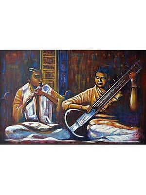 Musicians Playing Sitar and Flute | Painting by Usha Shantharam
