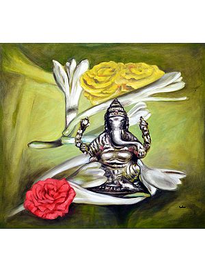 Sugandh Raj Ganesha with Roses | Painting by Usha Shantharam