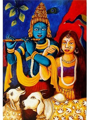 Radhey Krishna Playing Flute With Cows Calfs | Acrylic On Paper | By Anirban Seth