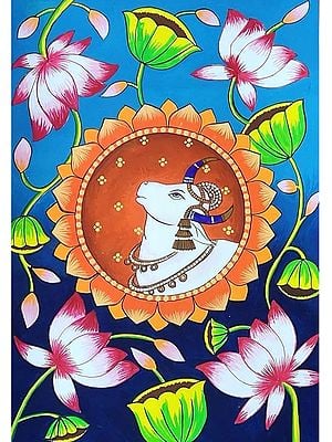 Kamdhenu Cow with Lotus | Watercolor on Paper | By Reshuka