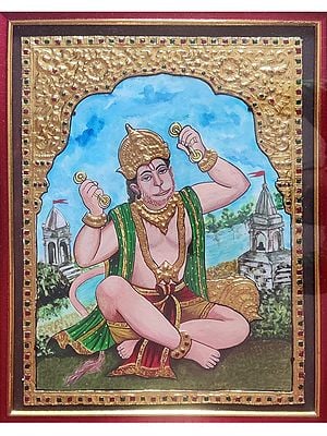 Hanuman Ji | Gold Foil Work | Tanjore Painting With Frame