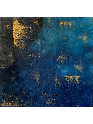 Gold Textured with Blue Base | Mixed Media on Box Canvas Art by Rashi Jain