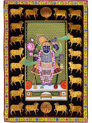Standing Shrinathji With Kamdhenu - Pichwai Art| Watercolor On Cloth | By Jagriti Bhardwaj