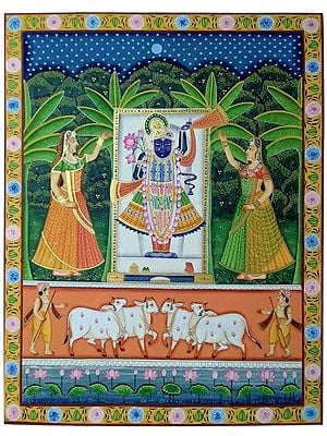 Darshan Of Shrinathji - Pichwai Painting | Watercolor On Cloth | By Jagriti Bhardwaj