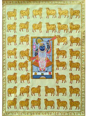 Shrinathji With Kindness Cow - Pichwai Art | Watercolor On Cloth | By Jagriti Bhardwaj