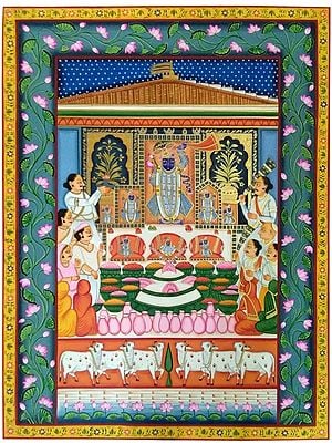 Rajbhog For Shrinathji - Pichwai Painting | Watercolor On Cloth | By Jagriti Bhardwaj
