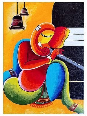 Devotional Ganapati Playing Flute | Acrylic on Canvas | By Datta Jadhav