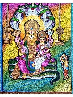 Lakshmi - Narasimha with Bhakta Prahalad | Acrylic on Canvas Painting by Vullam Naresh