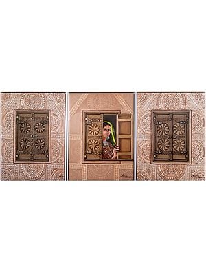 Pratiksha (Set of 3 Paintings) | Oil and Mix Media on Canvas Painting by Avani Mayank Desai | Wood Framed