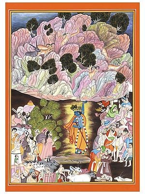Lord Krishna Lifts Mount Govardhan | Art by Sandeep on Handmade Hard Paper Water Color