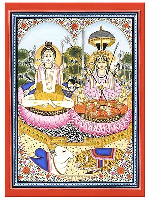 Lord Shiva with Parvati Seated on Lotus | Art by Sandeep on Handmade Hard Paper Water Color