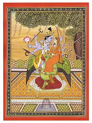 Lord Vishnu and Goddess Lakshmi Seated on his Vahana Garuda | Art by Sandeep on Handmade Hard Paper Water Color