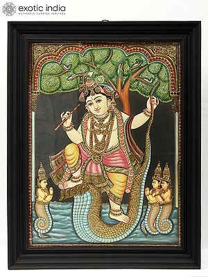 Lord Krishna Dancing On Serpent Kaliya - Tanjore Painting | Traditional Colors With Gold Work | With Frame