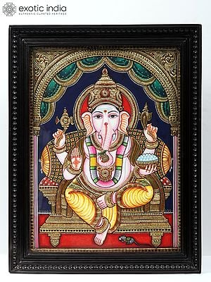 Blessing Ganapati - Tanjore Painting | Traditional Colors With Gold Work | With Frame