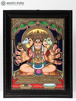 Punchmukhi Hanuman - Tanjore Painting | Traditional Colors With Gold Work | With Frame