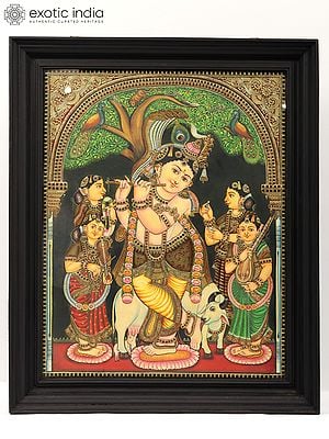 Venugopal Krishna with Gopis | Tanjore Painting | With Frame
