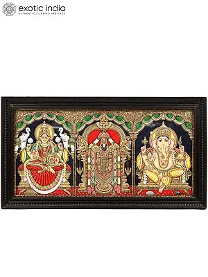 Gajalakshmi, Tirupati Balaji (Venkateshvara) and Ganesha | Tanjore Painting with Frame