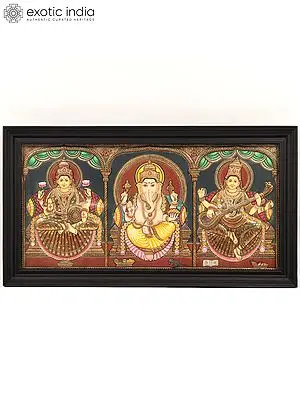 Lakshmi, Ganesha, and Saraswati Tanjore Painting with Frame