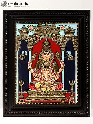 Gauri Ganesha Tanjore Painting (Goddess Parvati with Her Son) | With Frame