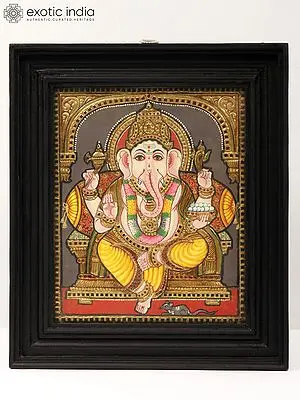 Sitting Lord Ganapati Tanjore Painting | With Frame