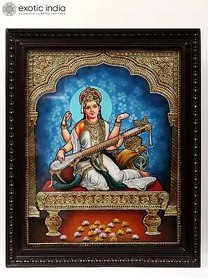 Devi Saraswati - Goddess of Knowledge | Tanjore Painting with Frame