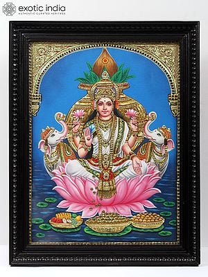 Gaja Lakshmi On Lotus - Embossed Tanjore Painting | Traditional Colors With Gold Work | With Frame
