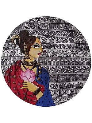 Lady Holding Lotus Flower - Madhubani Art | Watercolor Painting by Abhishek Kumar