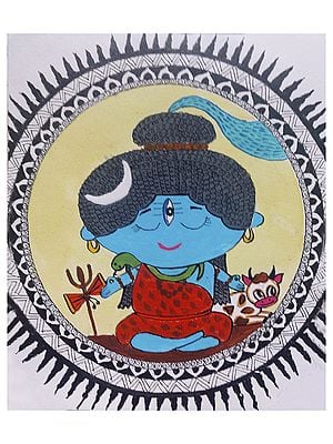 Little Shiva and Nandi in Center of Mandala - Kawai Art | Watercolor on Canvas | By Prachi Deshpande