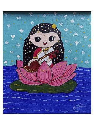 Goddess Saraswati on Lotus | Kawai Painting | Watercolor on Canvas by Prachi Deshpande