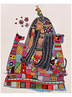 Lady And Her Dogs - Happy Moments | Acrylic And Ink On Paper | By Rukshana Tabassum