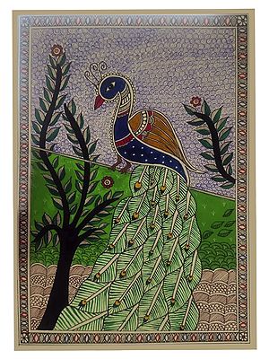Beautiful Madhubani Painting Of Peacock | Watercolor On Canvas Sheet | By Krishna Joshi
